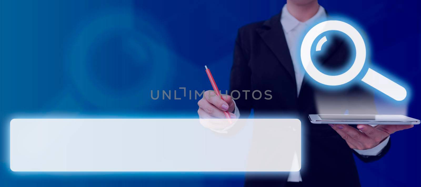 Businesswoman With Tablet And Pen Pointing On Search Bar Looking For Information An Abstract Design. Woman Holding Pad Containing Crucial Data And Messages. by nialowwa