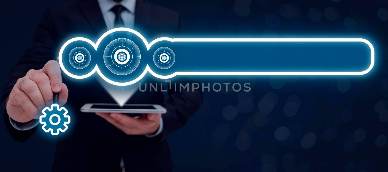 Businessman Holding Tablet With Search Bar With New Idea And Pen Pointing On Sign. Man Having Cellphone With Research Box With Late Data And Pencil In Hand, Pressing On Symbol by nialowwa