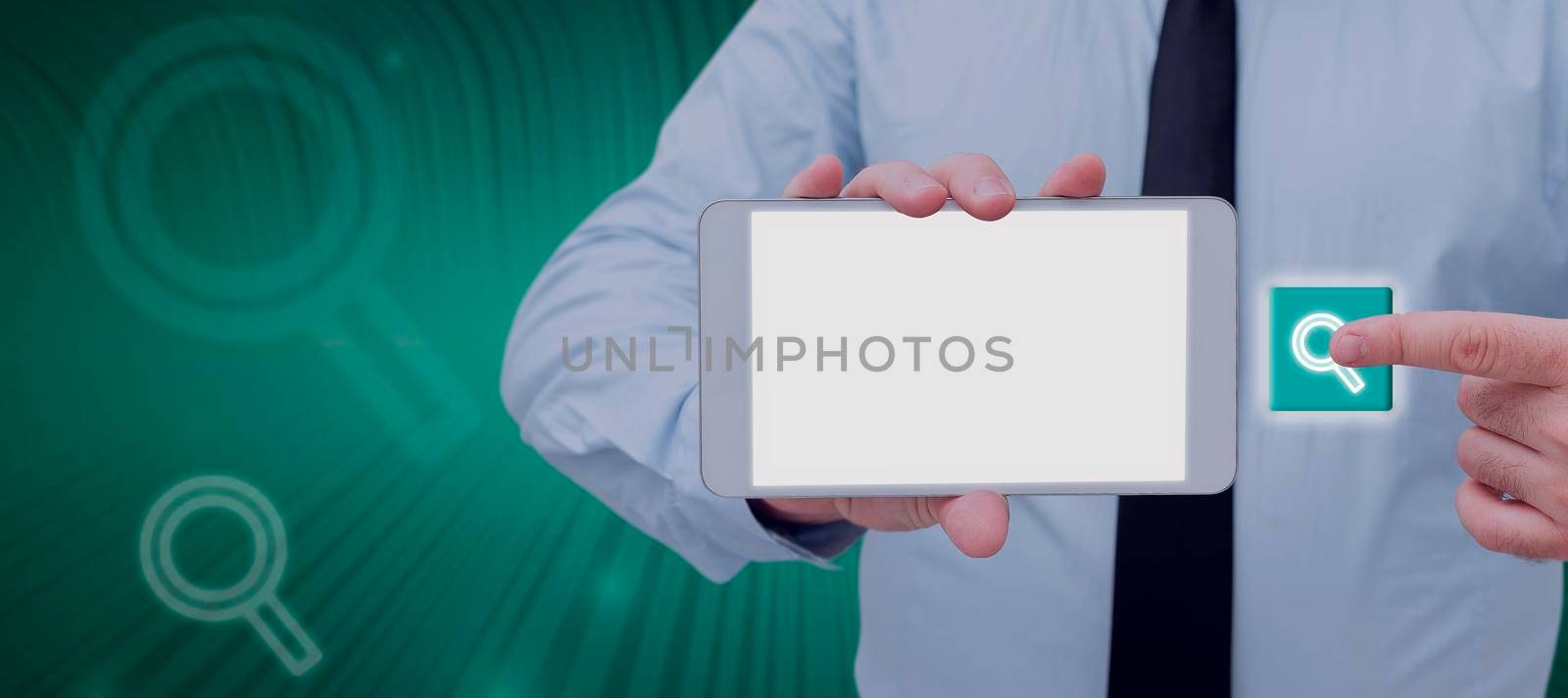 Businessman Holding A Tablet And Projecting A Camera In A Graphic Hexagone Design. Man In A Necktie Presenting Creative Photography And Digital Information. by nialowwa