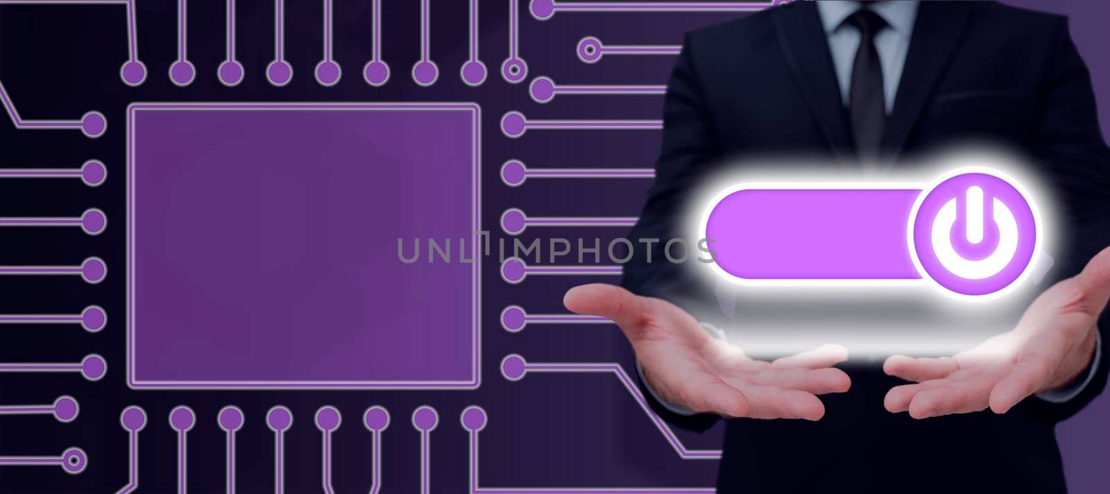 Businessman With Two Hands Presenting Power Button Symbol And Displaying Crucial Messages In A Futuristic Design. Man In A Suit Receiving Business Ideas And Information. by nialowwa