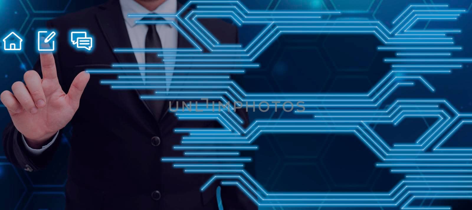 Businessman Pressing On Digital S And Displaying Crucial Information With Glowing Lines In Futuristic Frame. Man In Suit Showing Important Data And Messages. by nialowwa