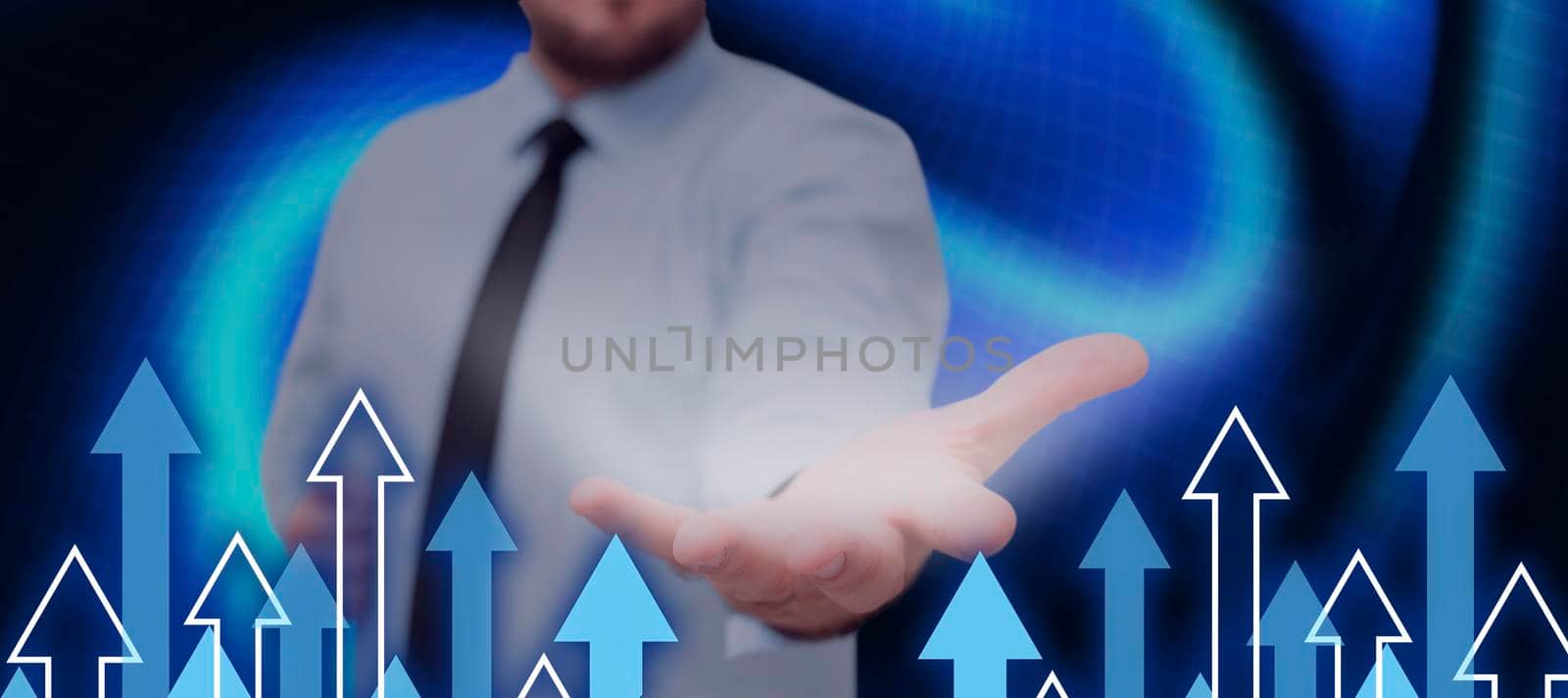 Businessman Reaching Out A Glowing Hand In A Futuristic Design With Arrows Going Up. Man In Necktie Showing Crucial Information And New Concepts In A Presentation. by nialowwa