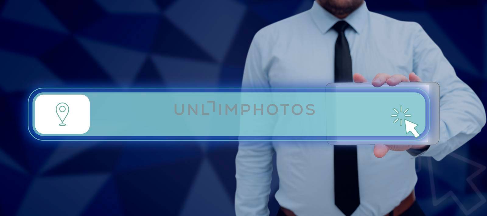 Businessman Holding Smartphone Displaying Digital Location Navigation Pin And Arrow On Loading . Man Wearing Necktie With Cellphone Presenting Global Positioning System. by nialowwa