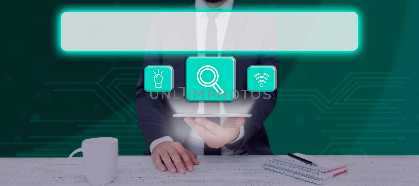 Businessman Holding A Tablet Displaying A Search Bar With Digital S In A Row Exploring New Information. Man With A Touch Screen Receiving Crucial Data And Messages. by nialowwa