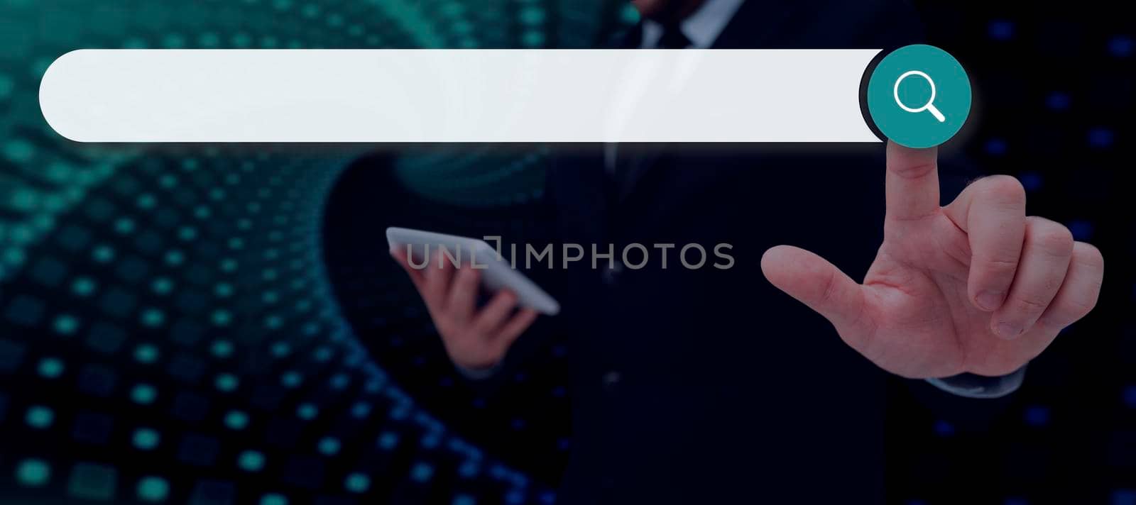 Businessman in suit holding open palm symbolizing successful teamwork.