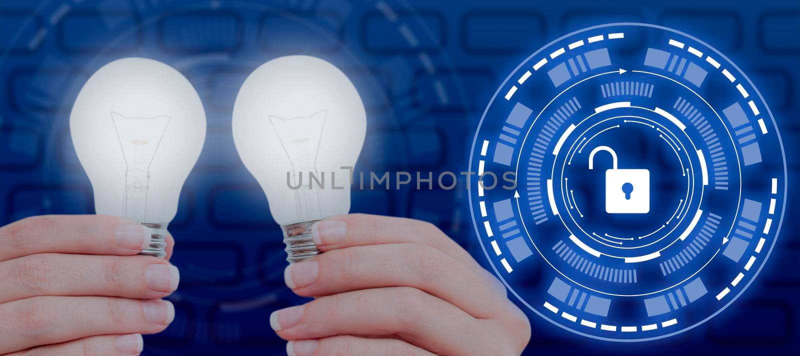 Woman Holding Light Bulbs With Graphical Padlock In Circle For Security.