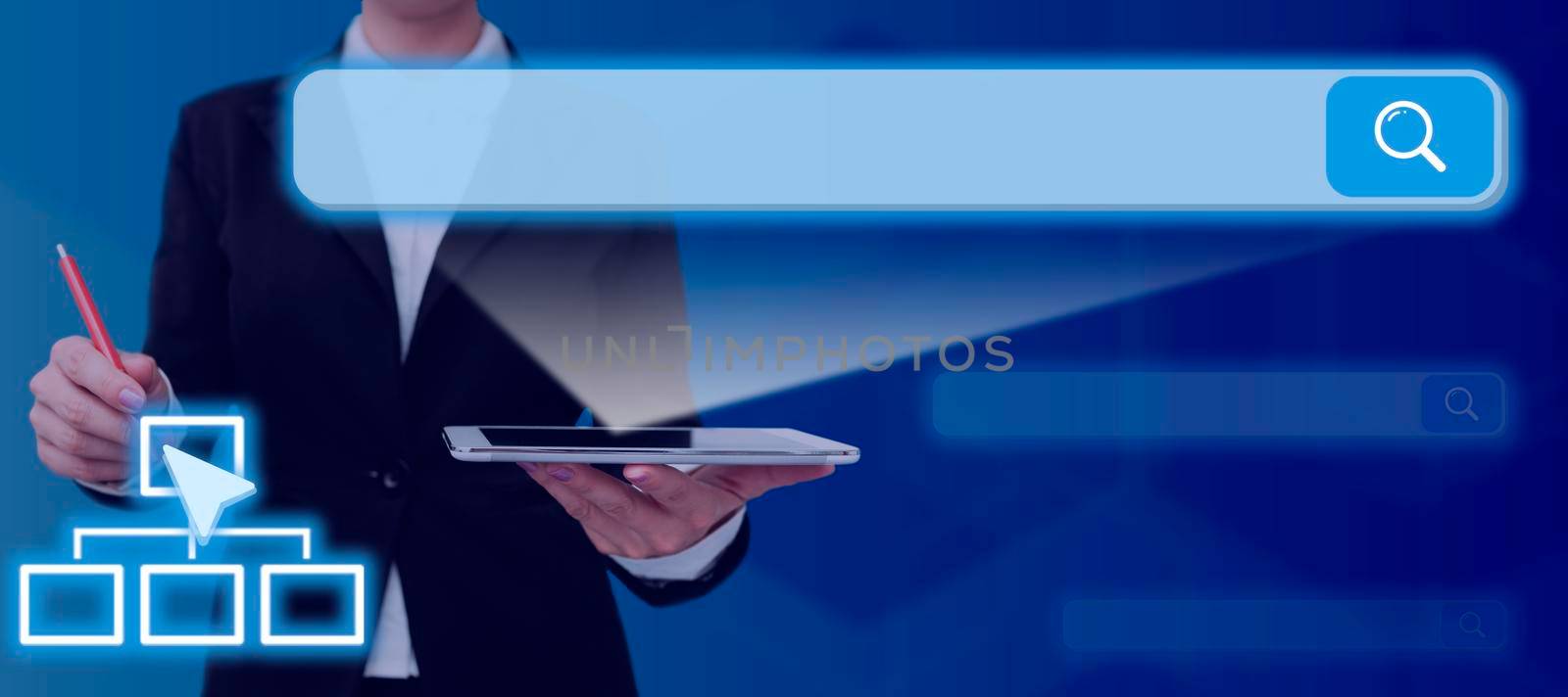 Businesswoman With A Tablet And Pen Pointing On Computer Network And Search Bar Displaying Digital Connection. Woman Holding A Cellphone Checking Wireless Connectivity. by nialowwa
