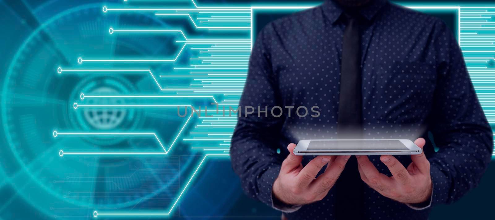 Businessman Holding A Tablet With Two Hands And Showing Information With Glowing Lines. Man In A Necktie Making A Presentation On Marketing Concepts And Data. by nialowwa