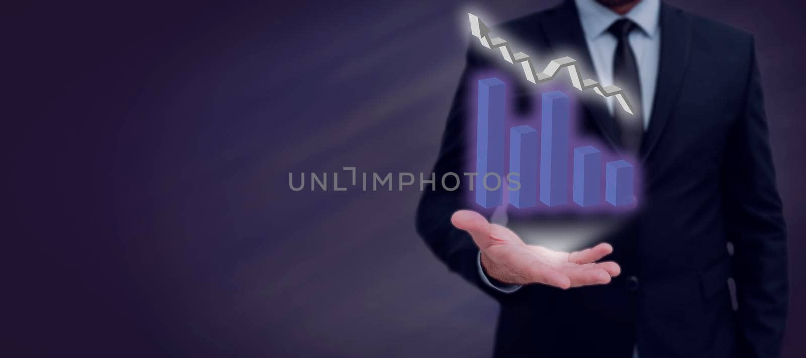 Businessman With One Hand Displaying Data Graphs And Showing Crucial Information With Futuristic Design. Man In Suit Presenting Important Data Charts And Business Growth. by nialowwa