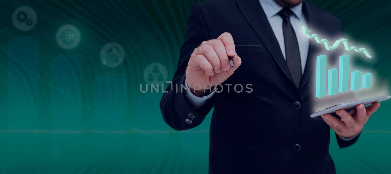 Businessman Holding A Tablet And Pen Displaying Data Graphs And Showing Crucial Information With Futuristic Design. Man In Suit Presenting Important Data Charts. by nialowwa