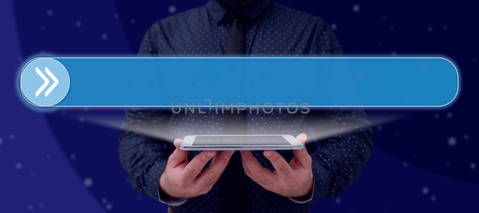 Businessman Holding A Tablet And Projecting A Camera In A Graphic Hexagone Design. Man In A Necktie Presenting Creative Photography And Digital Information. by nialowwa