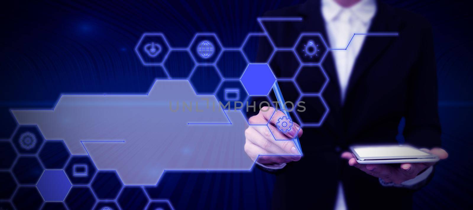 Businessman in suit holding open palm symbolizing successful teamwork.