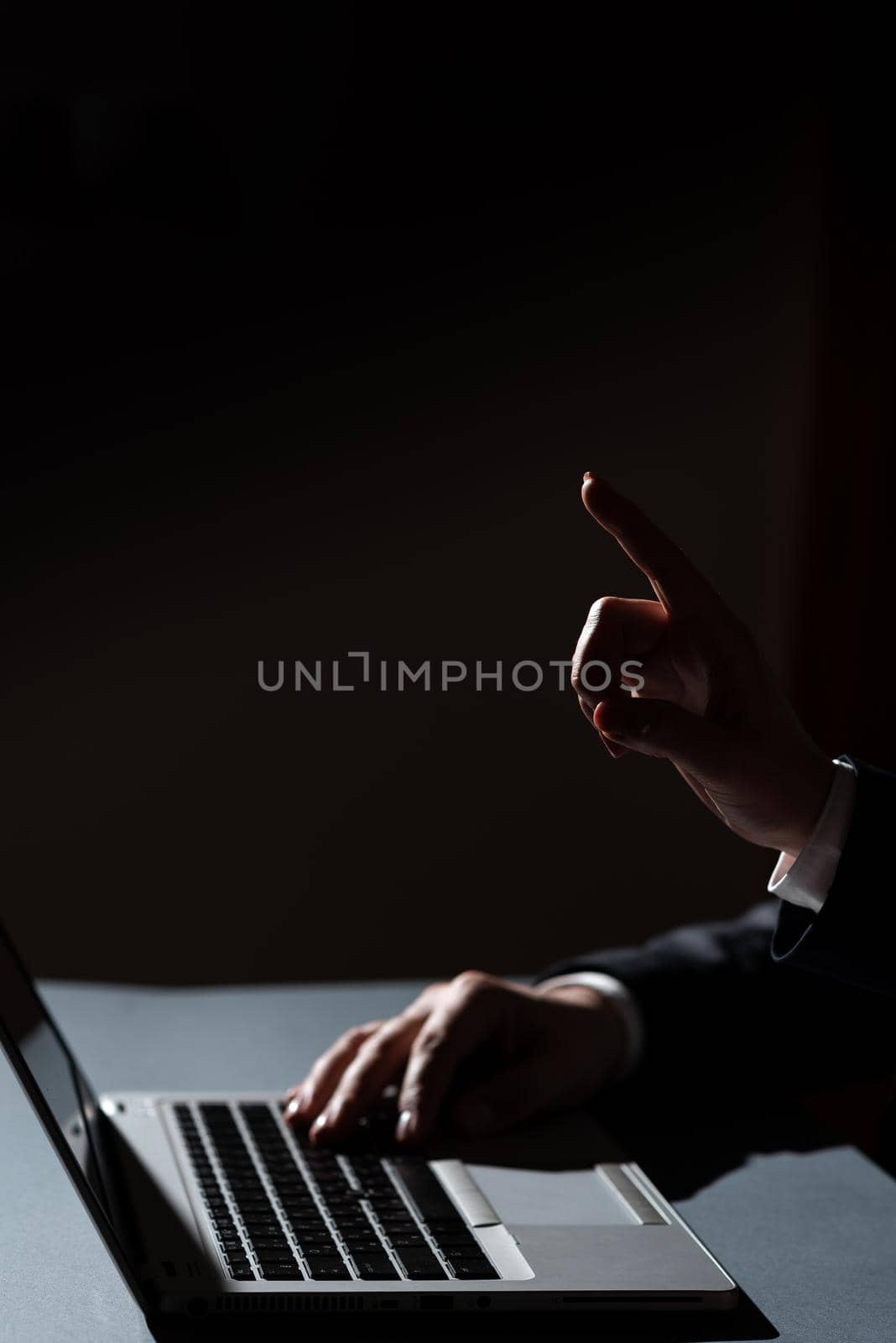 Man Typing On Lap Top And Woman Pointing With One Finger On Important Message. Businessman Writing On Computer And Businesswoman Presenting Crutial Informations. by nialowwa