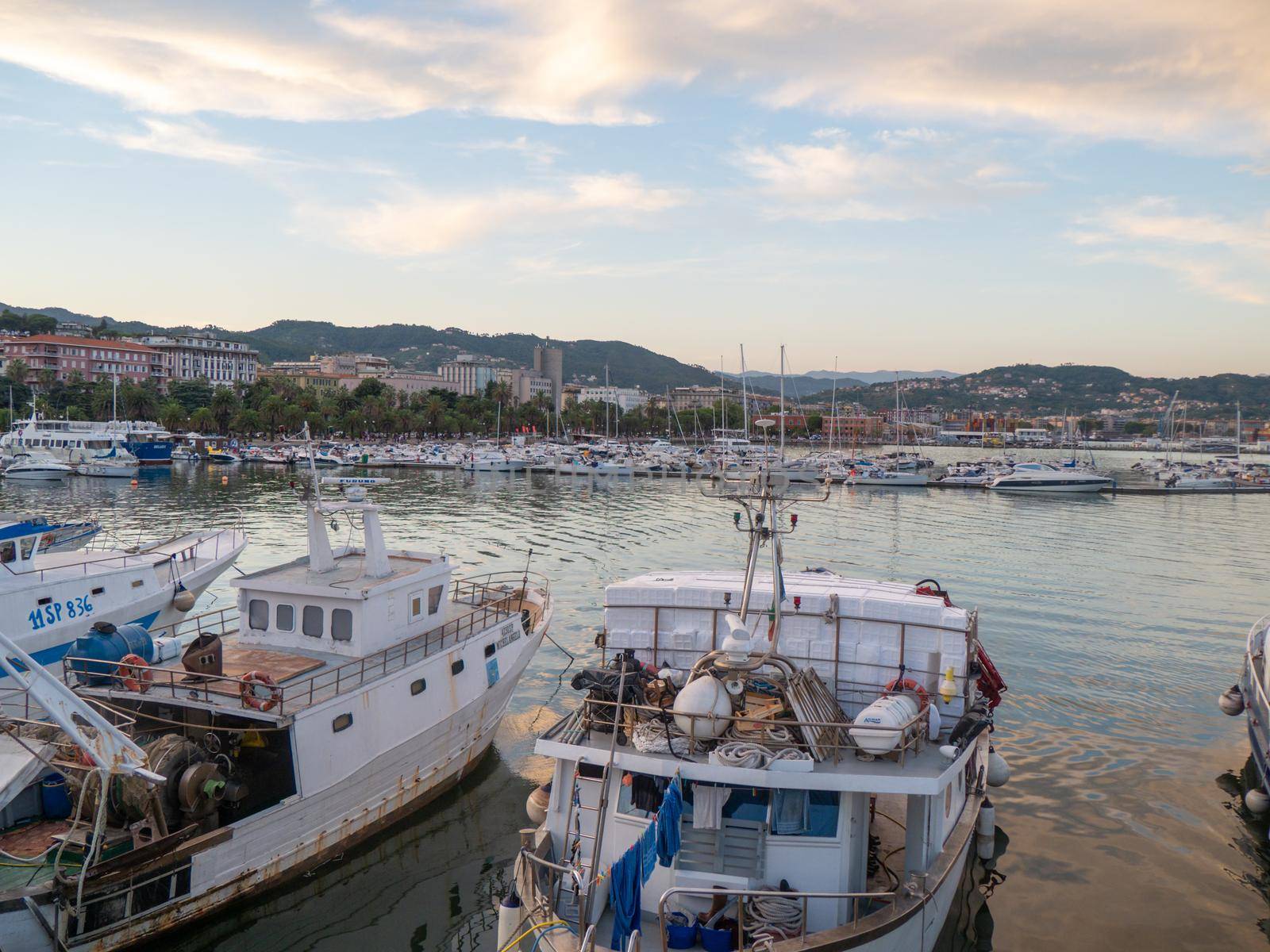 La Spezia, Italy - 9th july 2022 marina and city scenery at sunset in summertime by verbano