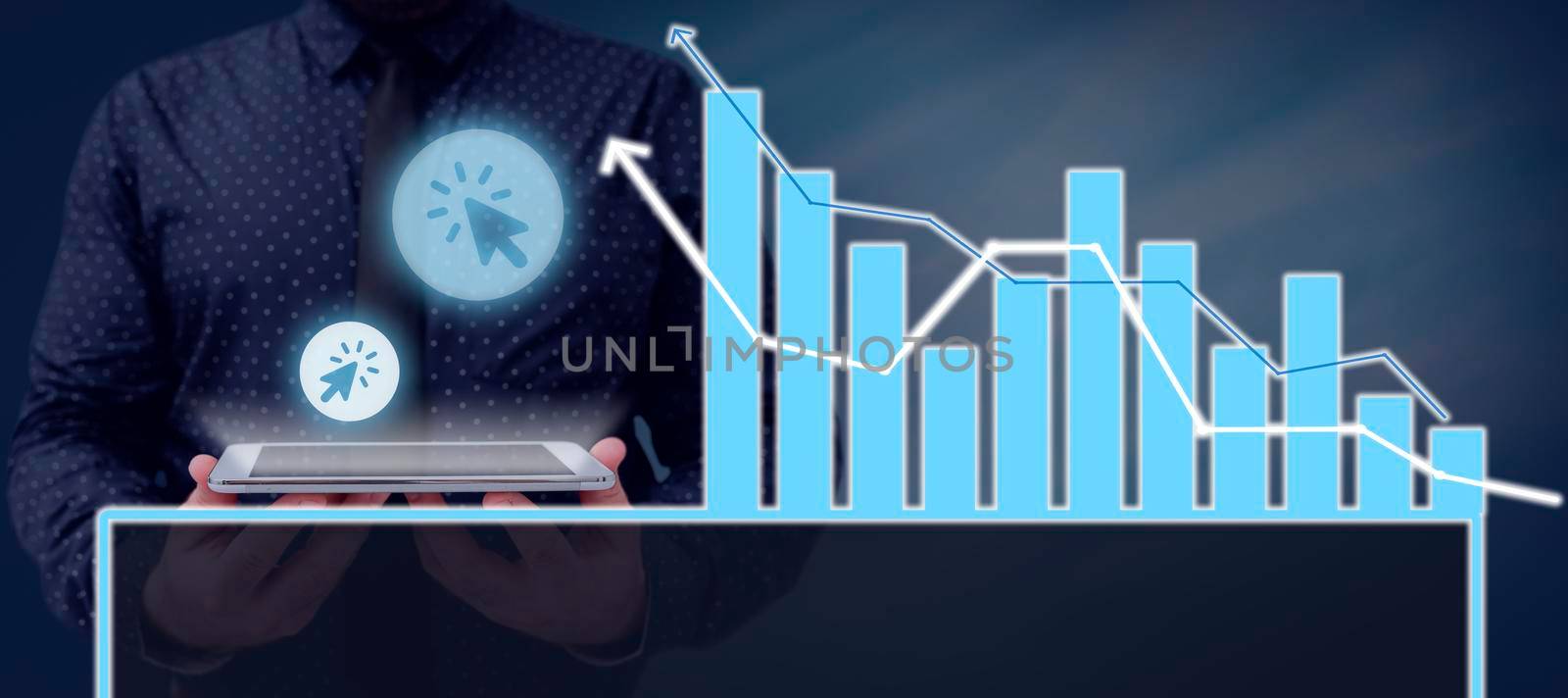 Businessman With A Tablet Showing Click Cursor S And Presenting Crucial Graphs With A Futuristic Design. Man In A Necktie Showing Important Diagrams And Data. by nialowwa