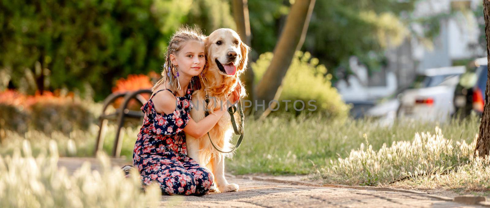 Preteen girl with golden retriever dog by tan4ikk1