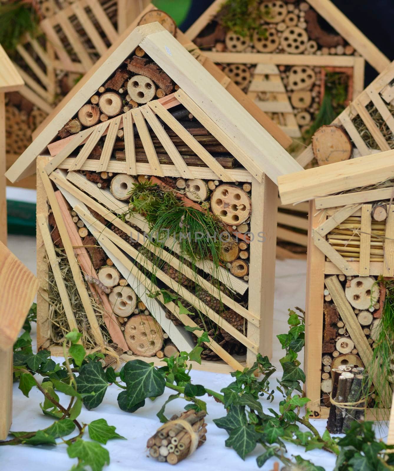 Wooden hotel for insects Decorative house Closeup