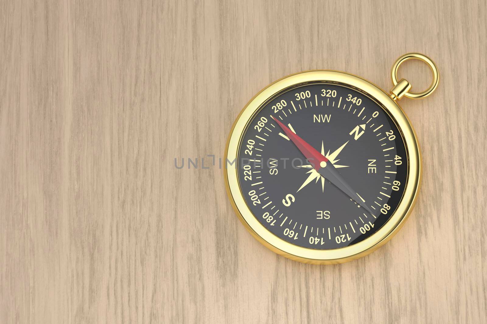 Gold compass on the wood table, top view