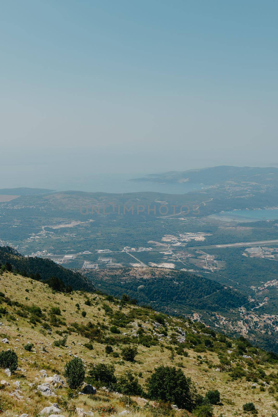 Beautiful nature mountains landscape. Kotor bay, Montenegro. Views of the Boka Bay, with the cities of Kotor and Tivat with the top of the mountain, Montenegro.