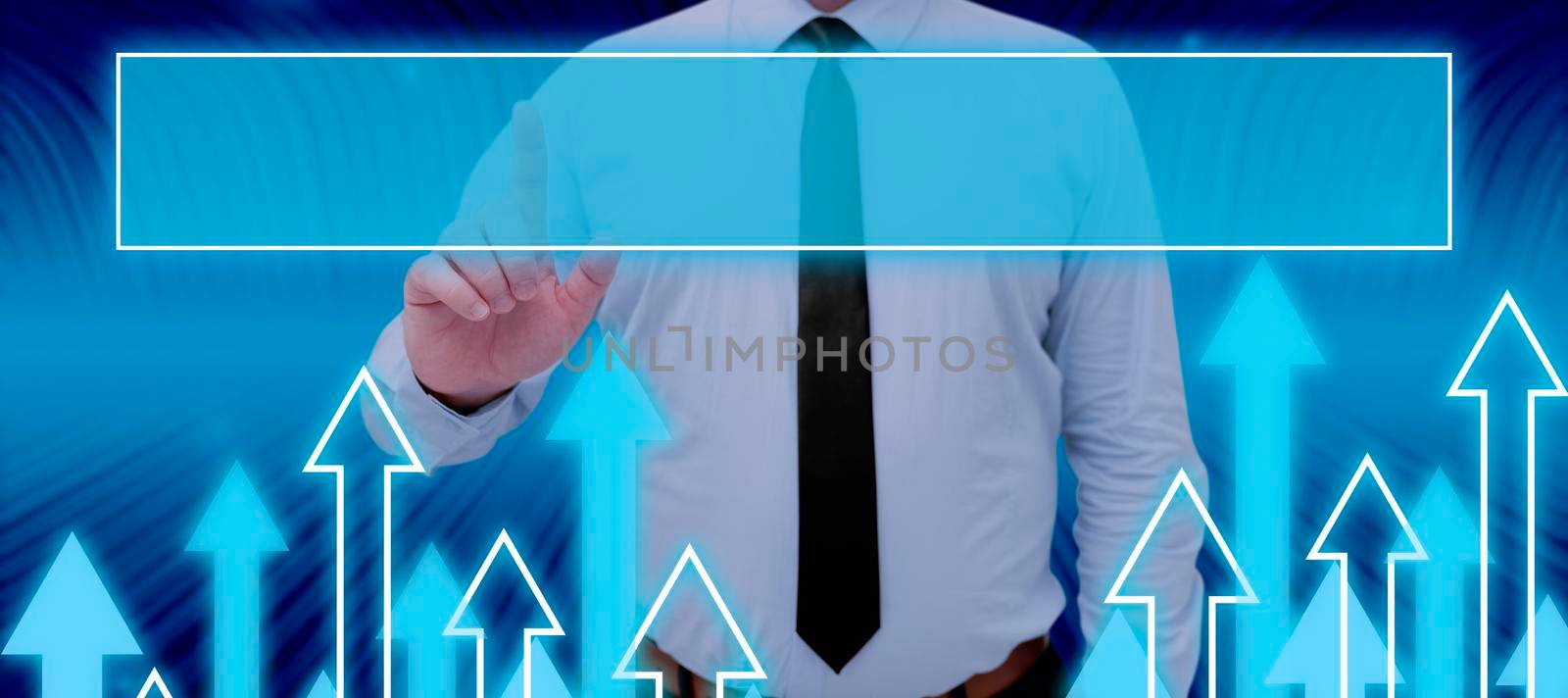 Businessman Pointing On Frame With Multiple Arrows Going Up In An Abstract Design. Standing Man In A Necktie Showing Important Data And Messages In A Presentation. by nialowwa