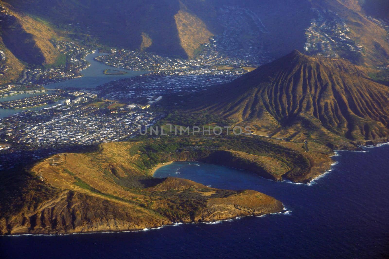 Aerial of Southeast corner of Oahu including Hawaii Kai, Koko Head Crater, Hanauma Bay, and Portlock.