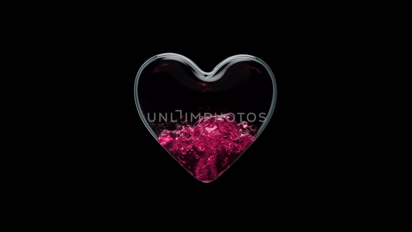 3d render a glass container in the form of a heart is filled with liquid with on a black background in 4k