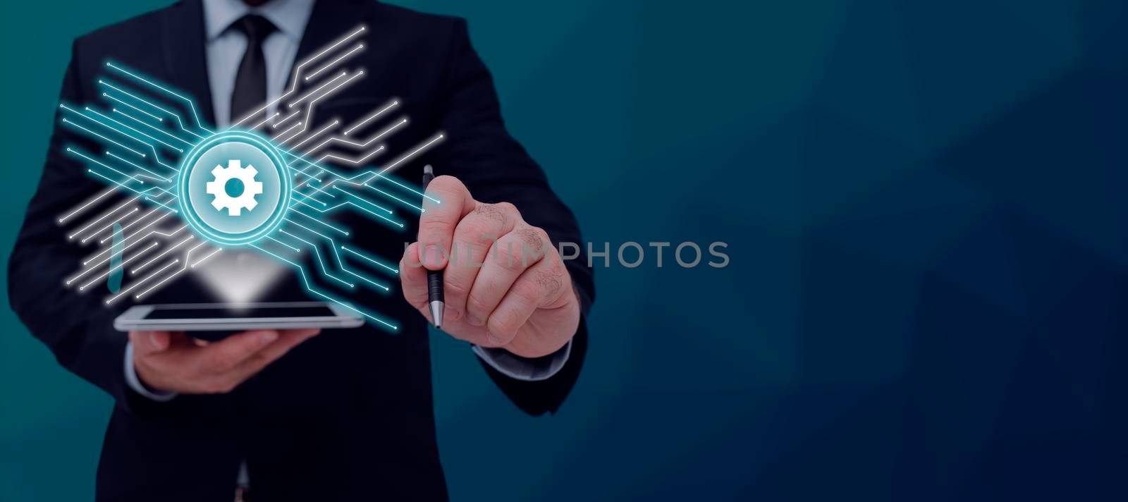 Businessman Holding Tablet With Graphs And Pen Which Points On Crutial Informations. Man In Suit Having Cellphone And Pencil In Hand To Show Important Messages. by nialowwa