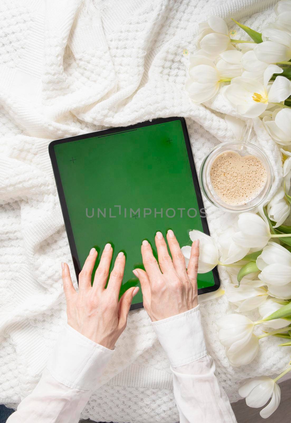 green screen tablet, young woman looking for mother's day gift online, tulips by KaterinaDalemans