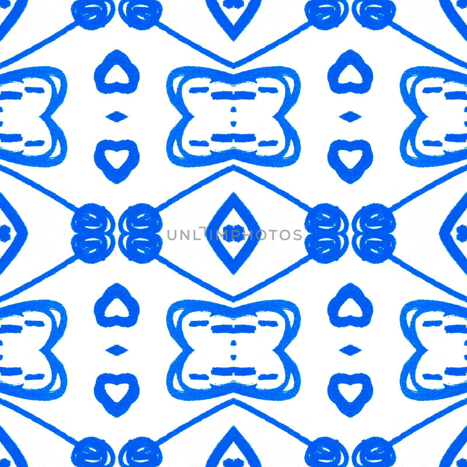 Floral blue ceramic. Watercolor tile mosaic. Retro portuguese background. Vintage talavera design. Moroccan traditional illustration. Azulejo italian pattern. Seamless blue ceramic.