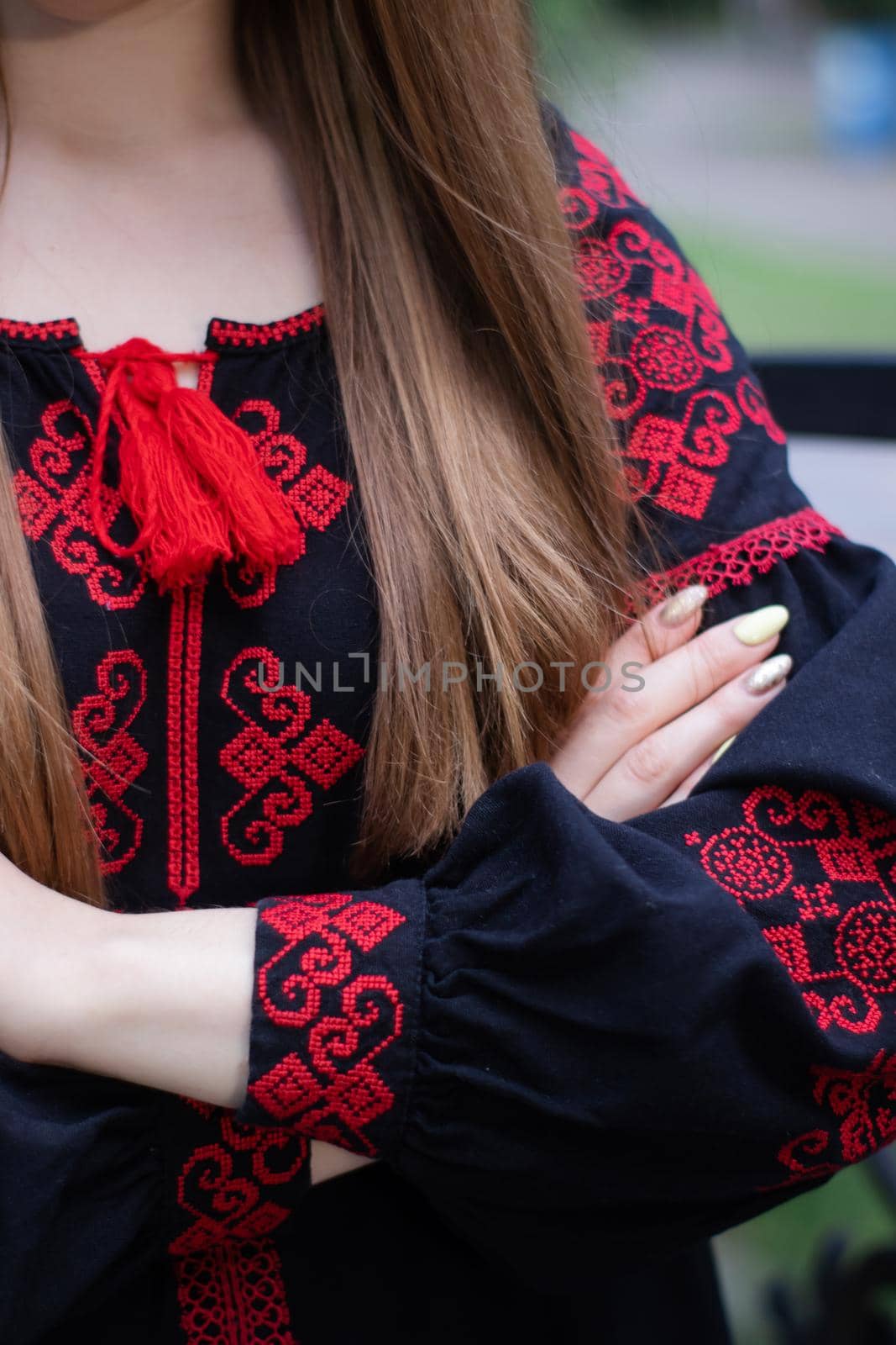 close up of national traditional ukrainian clothes. details of woman in embroidered dress. unrecognizable person by oliavesna