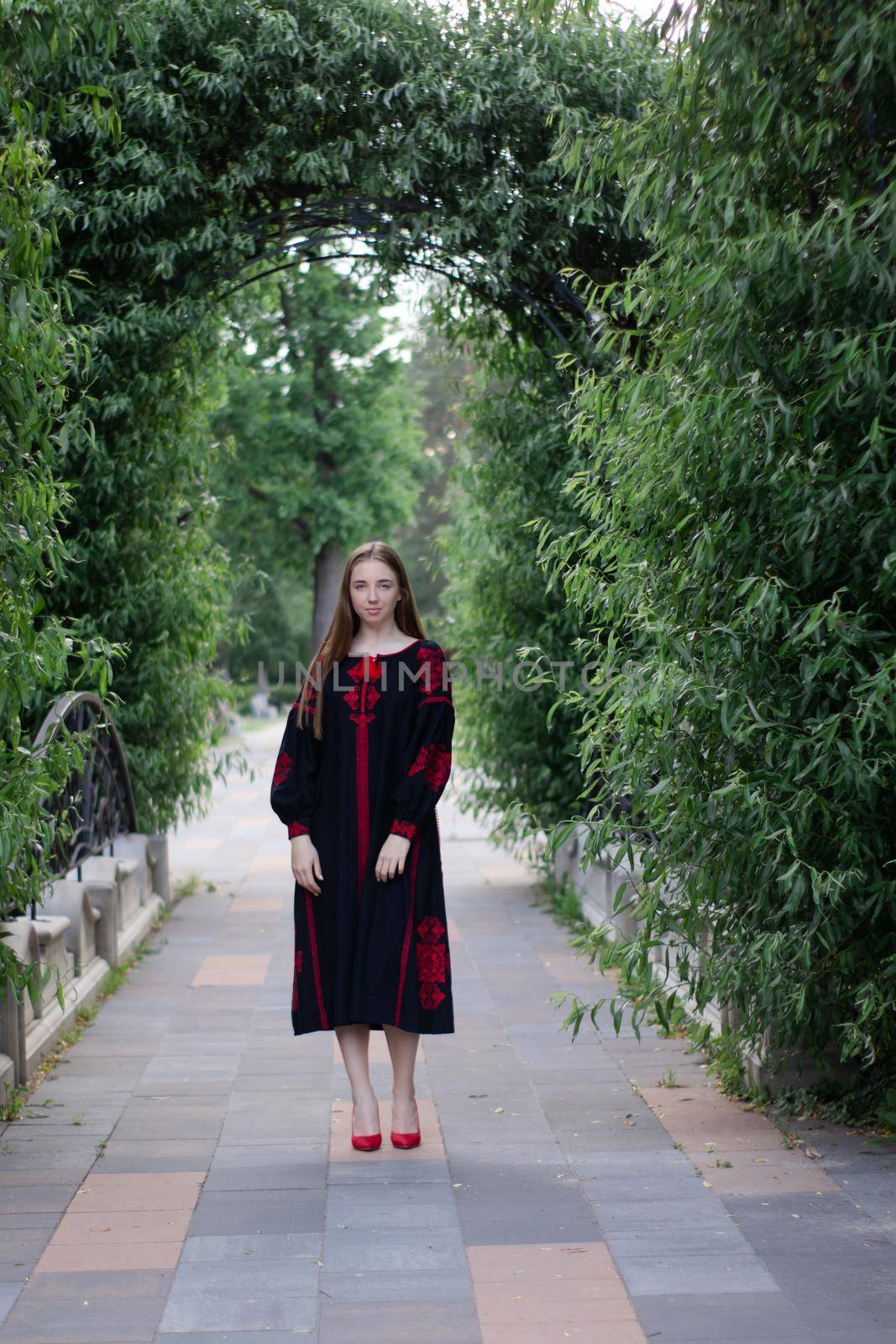 portrait of young woman wearing black and red vyshyvanka. national embroidered Ukrainian shirt. girl in dress outdoors in park. summer by oliavesna