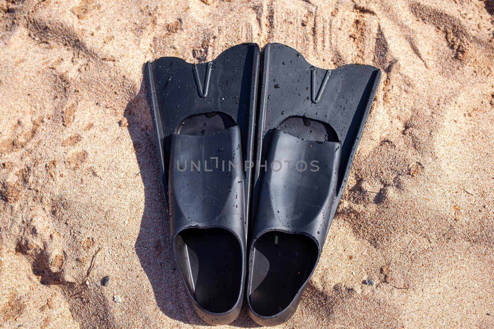 A pair of black flippers on the background of sand next to the water, top view. Swimming equipment - fins on the shore. Summer holidays, fun, exploring the sea world concept. Space for copy.