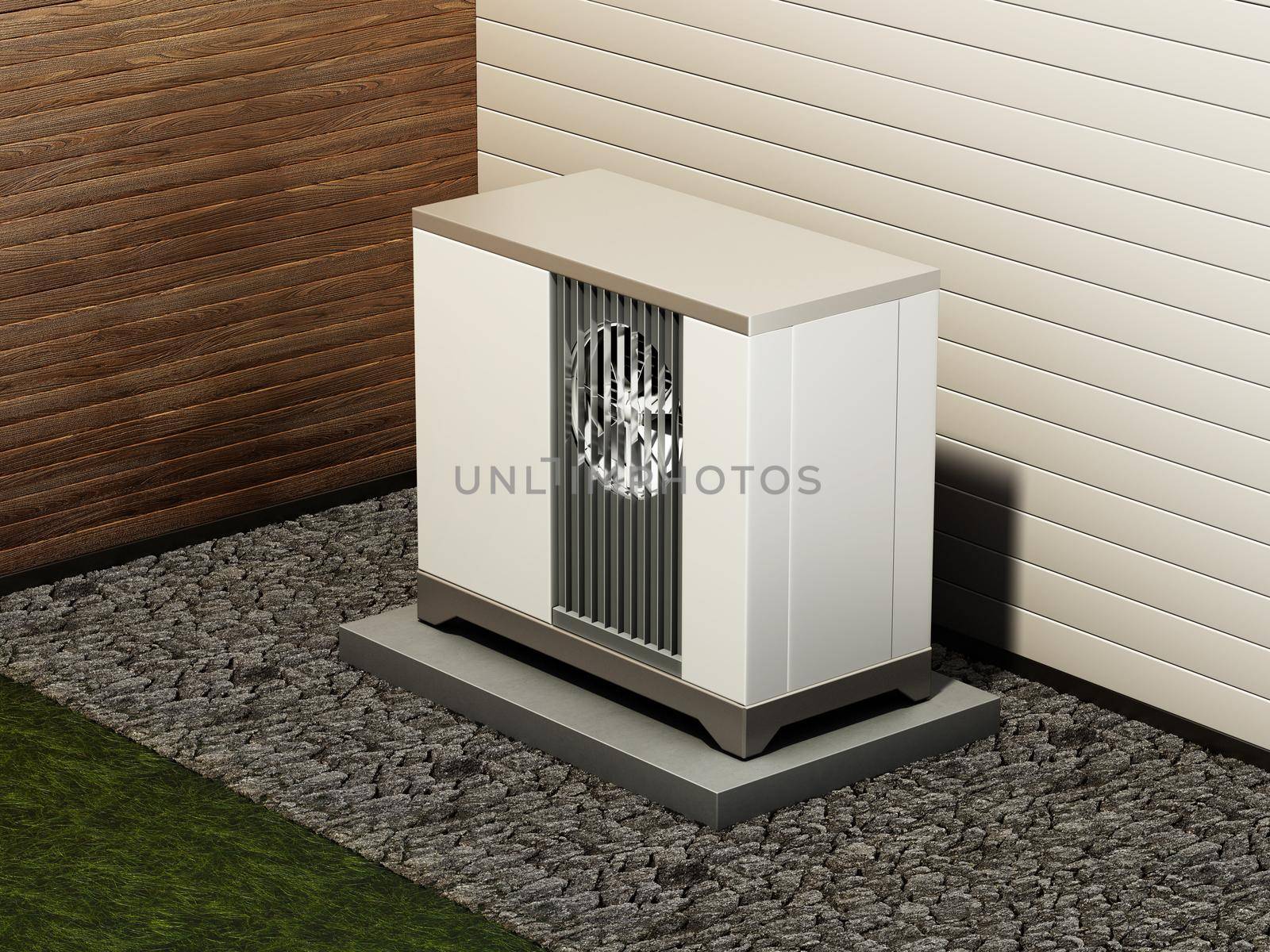 Air source heat pump standing outside the building by Simsek