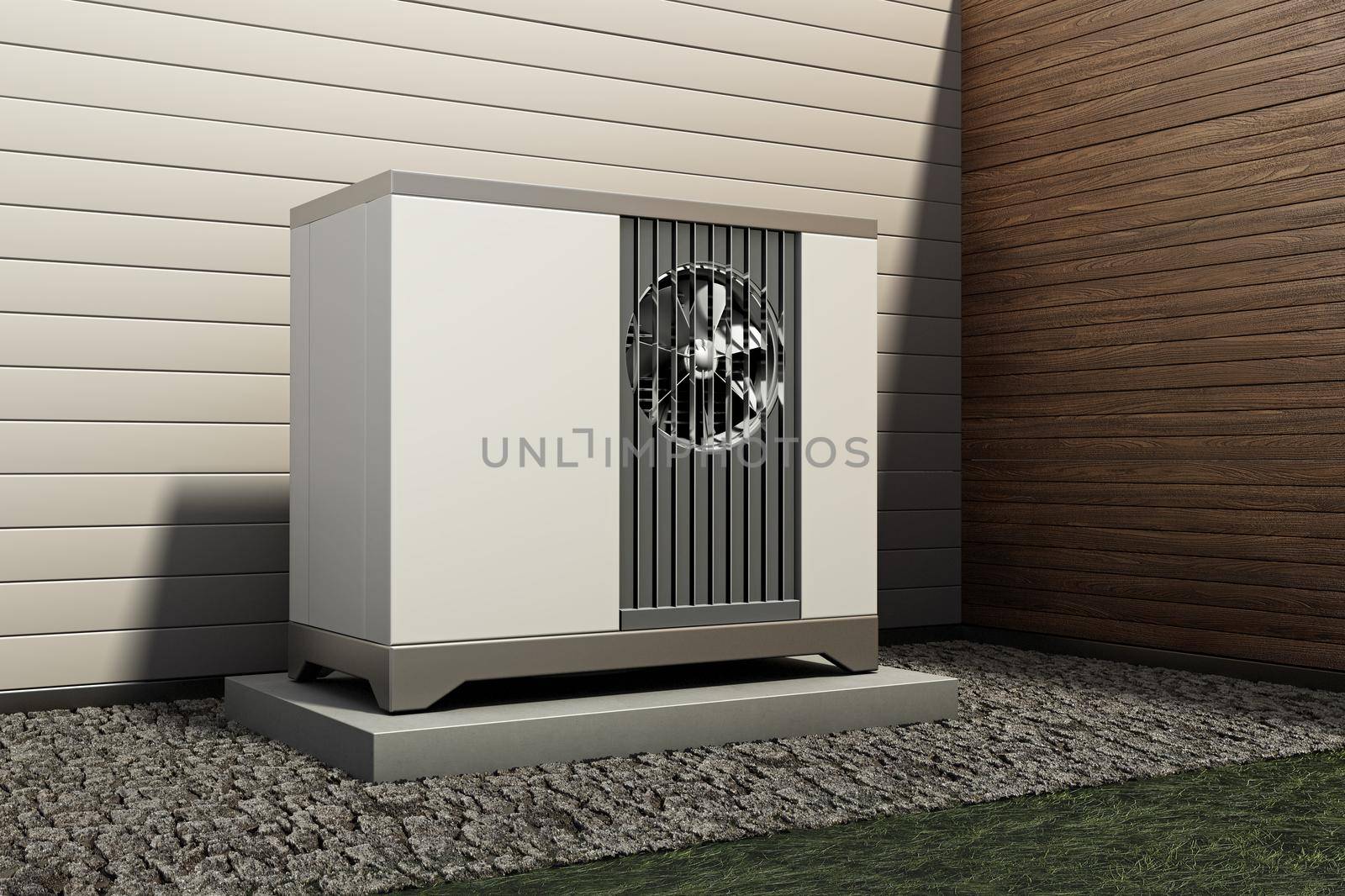 Air source heat pump standing outside the building by Simsek