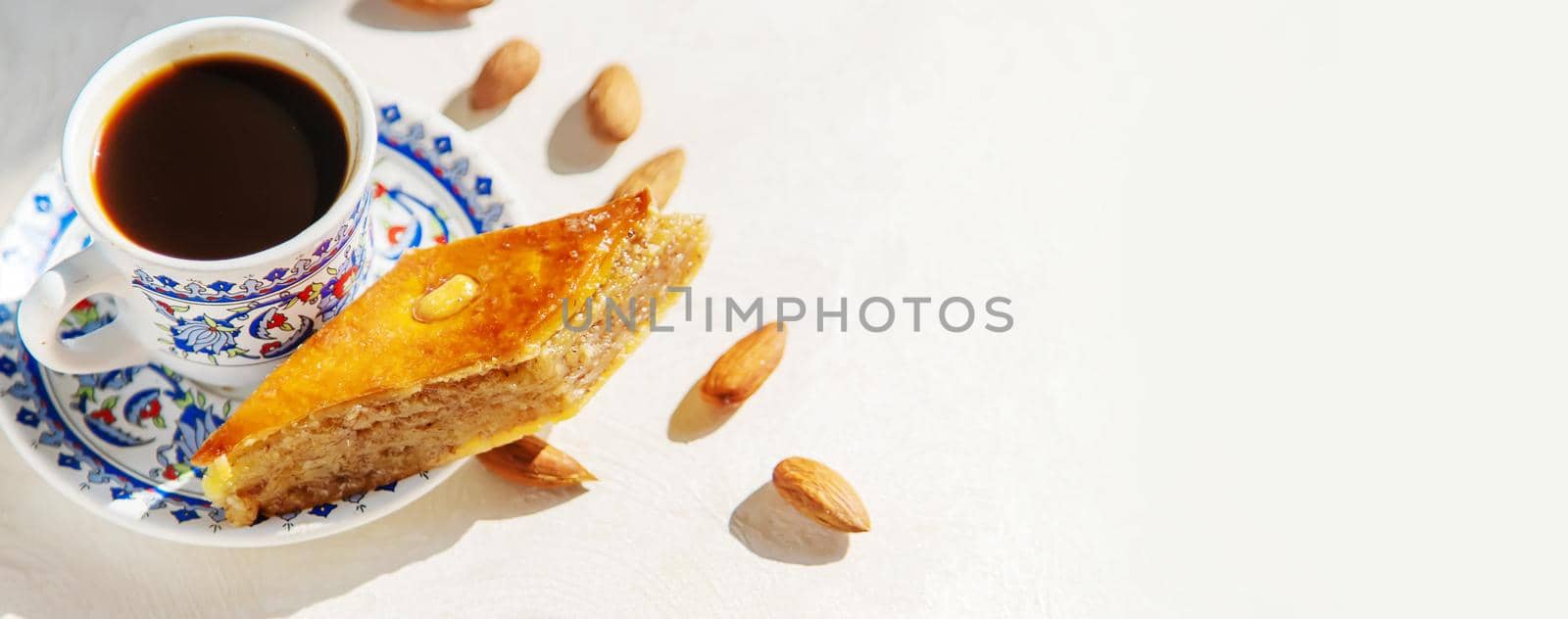 Turkish coffee and baklava on a light background. Selective focus. food.