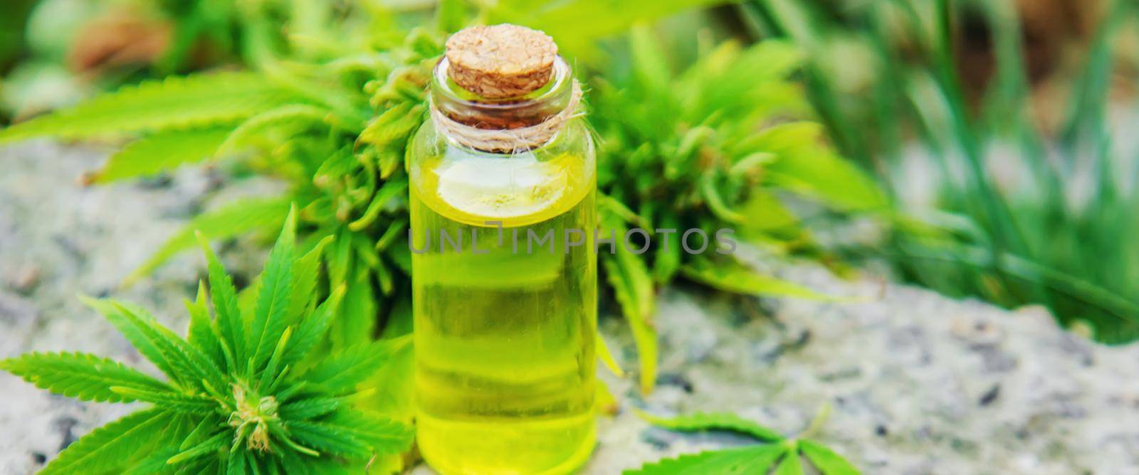 cannabis oil in a small jar. Selective focus.nature