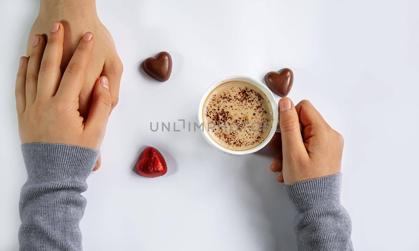 Cup drink for Breakfast in the hands of lovers. Selective focus.people