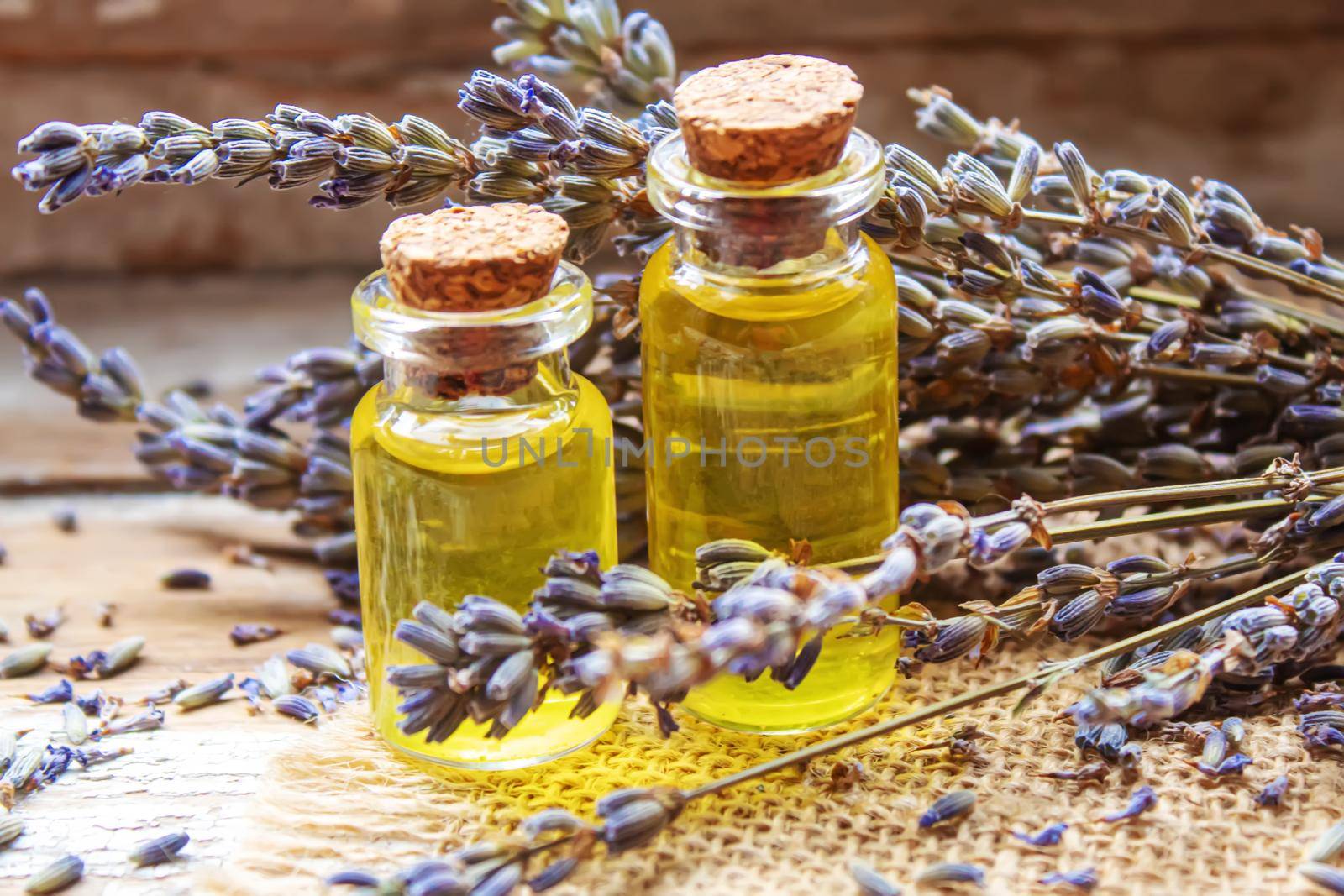 Lavender essential oil in a small bottle.selective focus.nature