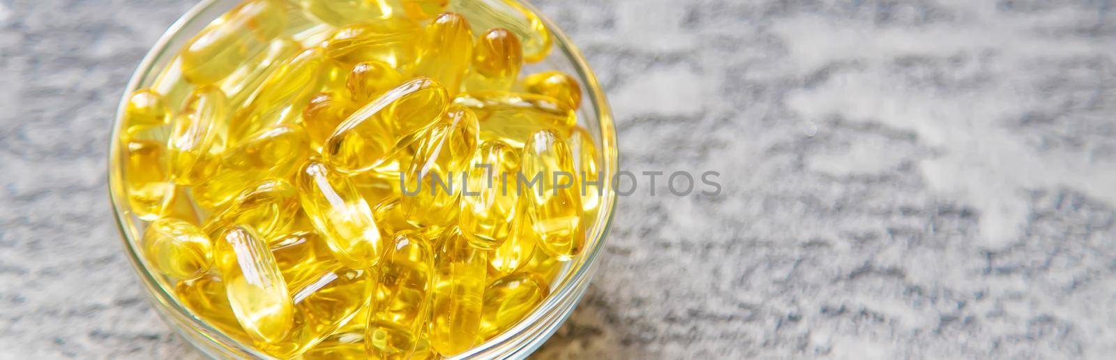 Omega-3 fish oil capsules. Selective focus.medical