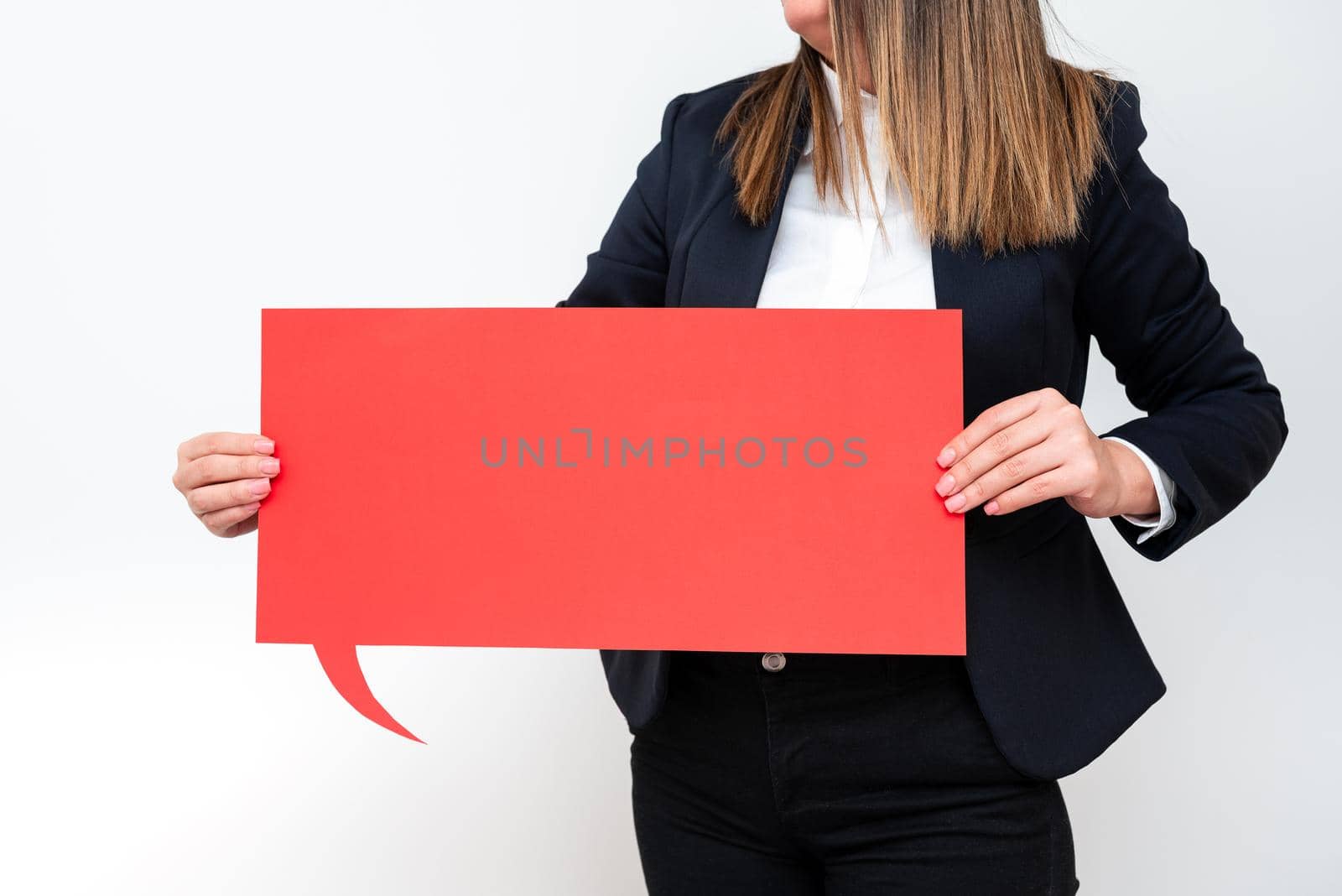 Businesswoman Holding Speech Bubble With Important Messages. Woman Presenting Crutial Informations On Dialogue Balloon. Lady Showing Recent Updates On Paper. by nialowwa