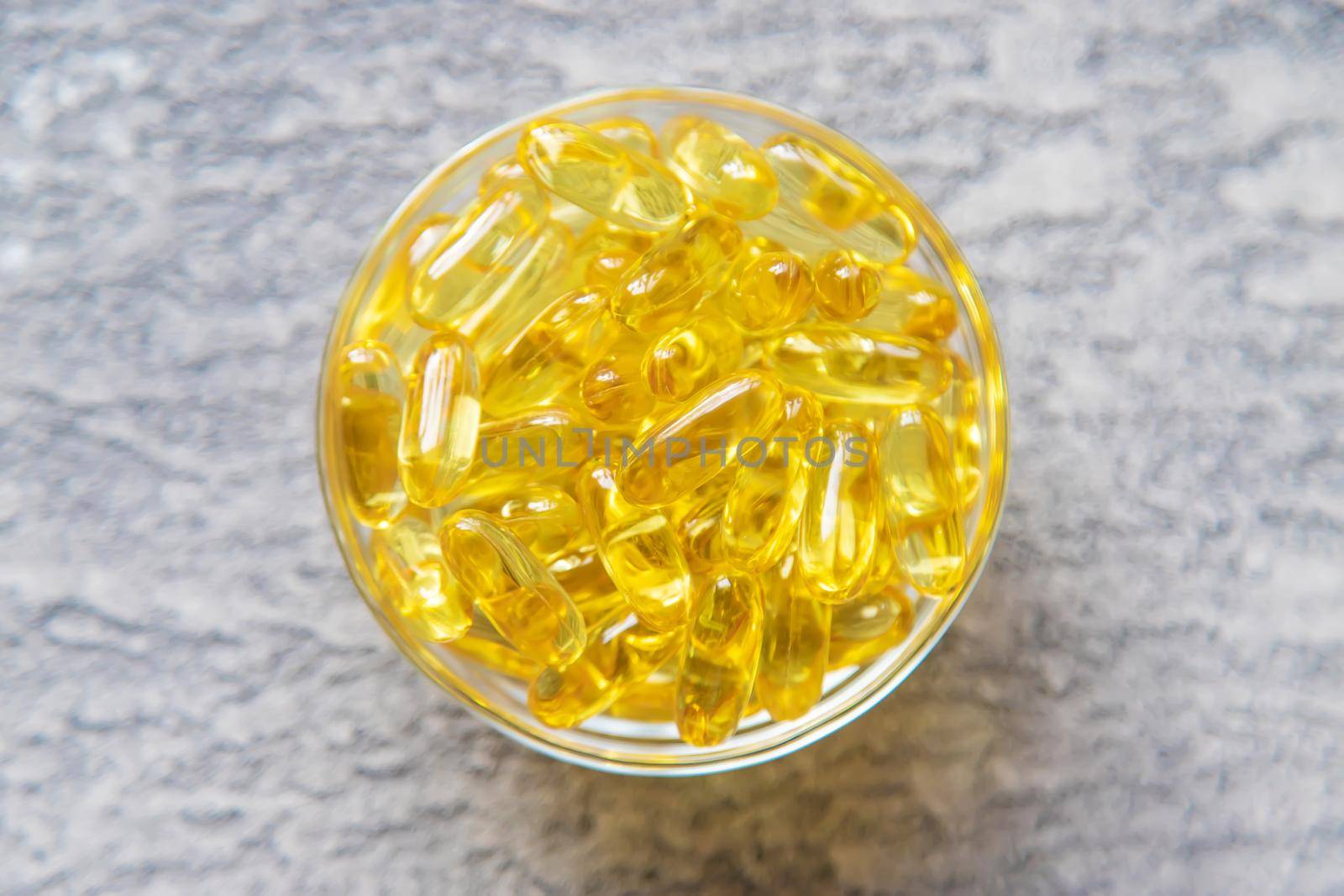 Omega-3 fish oil capsules. Selective focus.medical