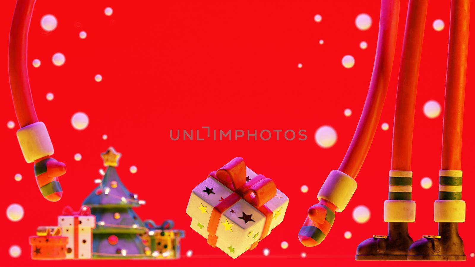 Santa Claus puts a gift under the Christmas tree. Christmas clay pop illustration. Clipping path included. 3d render template for holiday poster.