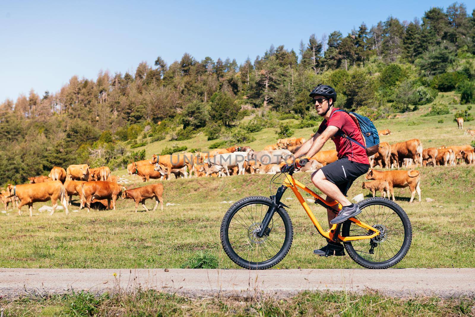 man with backpack riding mountain bike on a path by raulmelldo