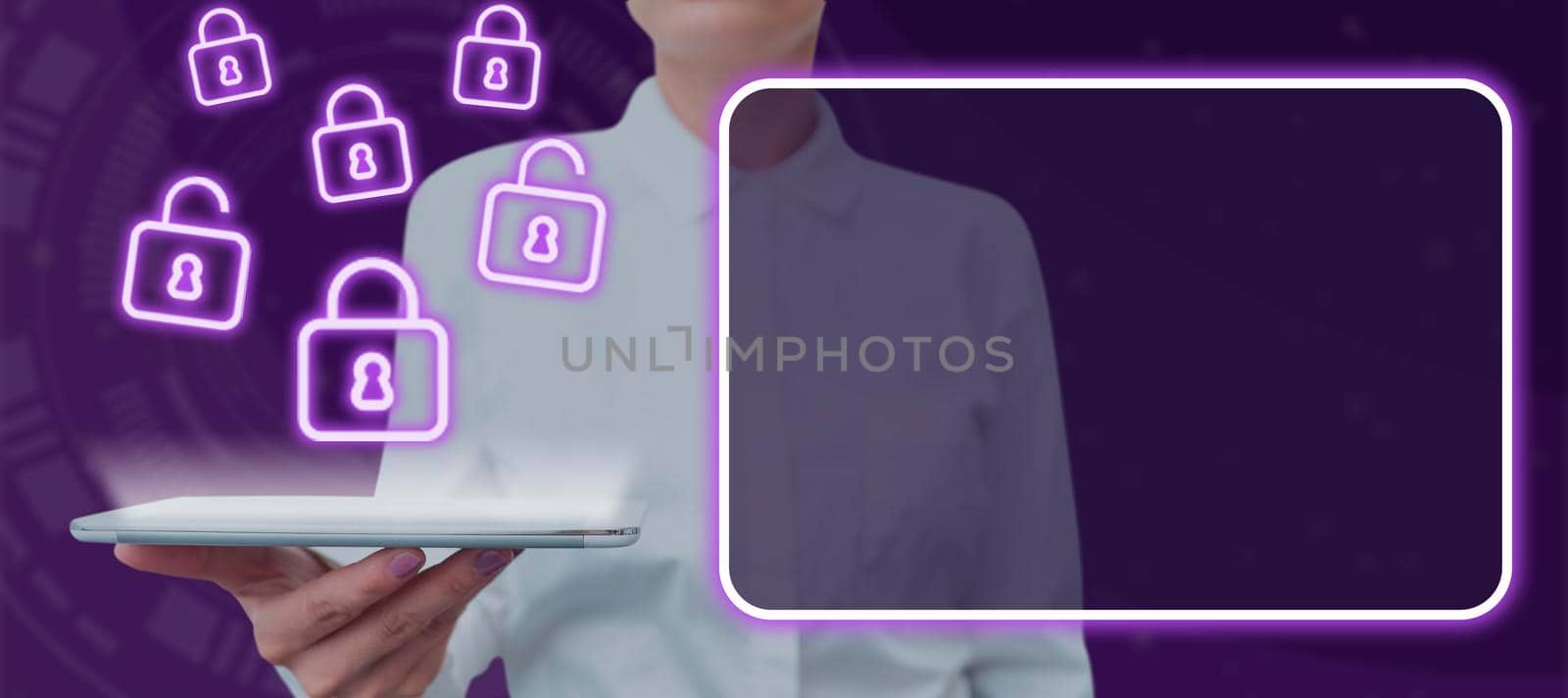 Businesswoman Holding Tablet Representing Digitally Generated Padlocks By Blank Display. Woman Showing Strategies And Plannings For Cyber Security And Data Privacy. by nialowwa