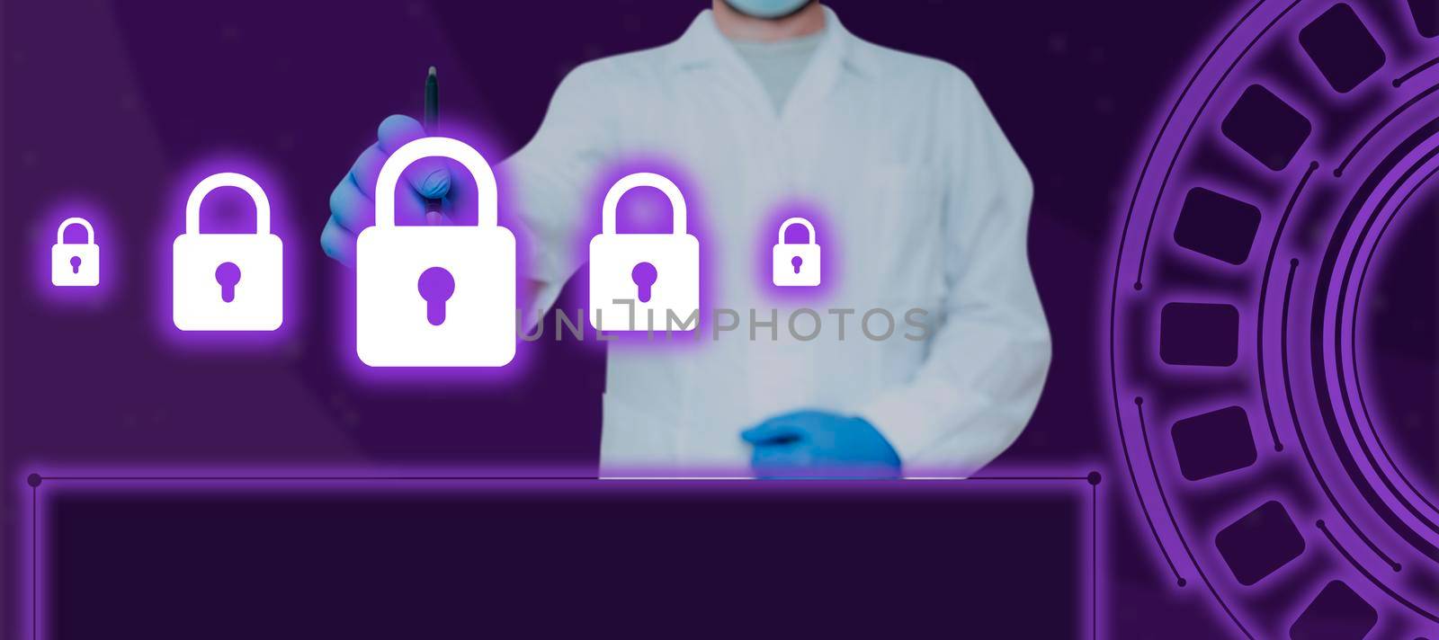 Doctor Holding Pen And Pointing On Digitally Generated Padlocks Above Digital Display. Scientist Wearing Lab Coat And Glove Presenting Information On Cyber Security. by nialowwa