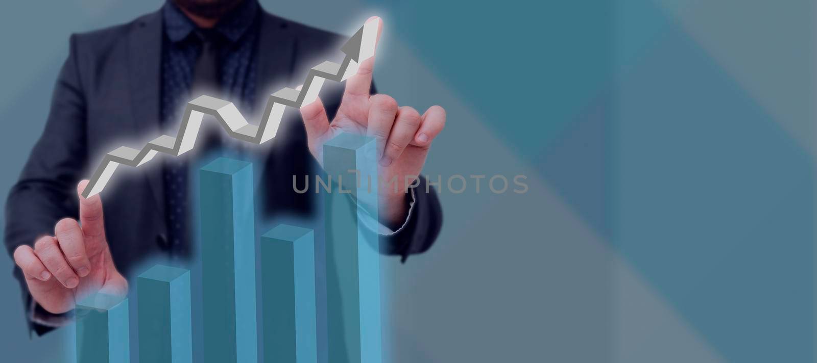 Businessman With Hands Displaying Data Graphs And Showing Crucial Information With Futuristic Design. Man In Suit Presenting Important Data Charts And Business Growth. by nialowwa