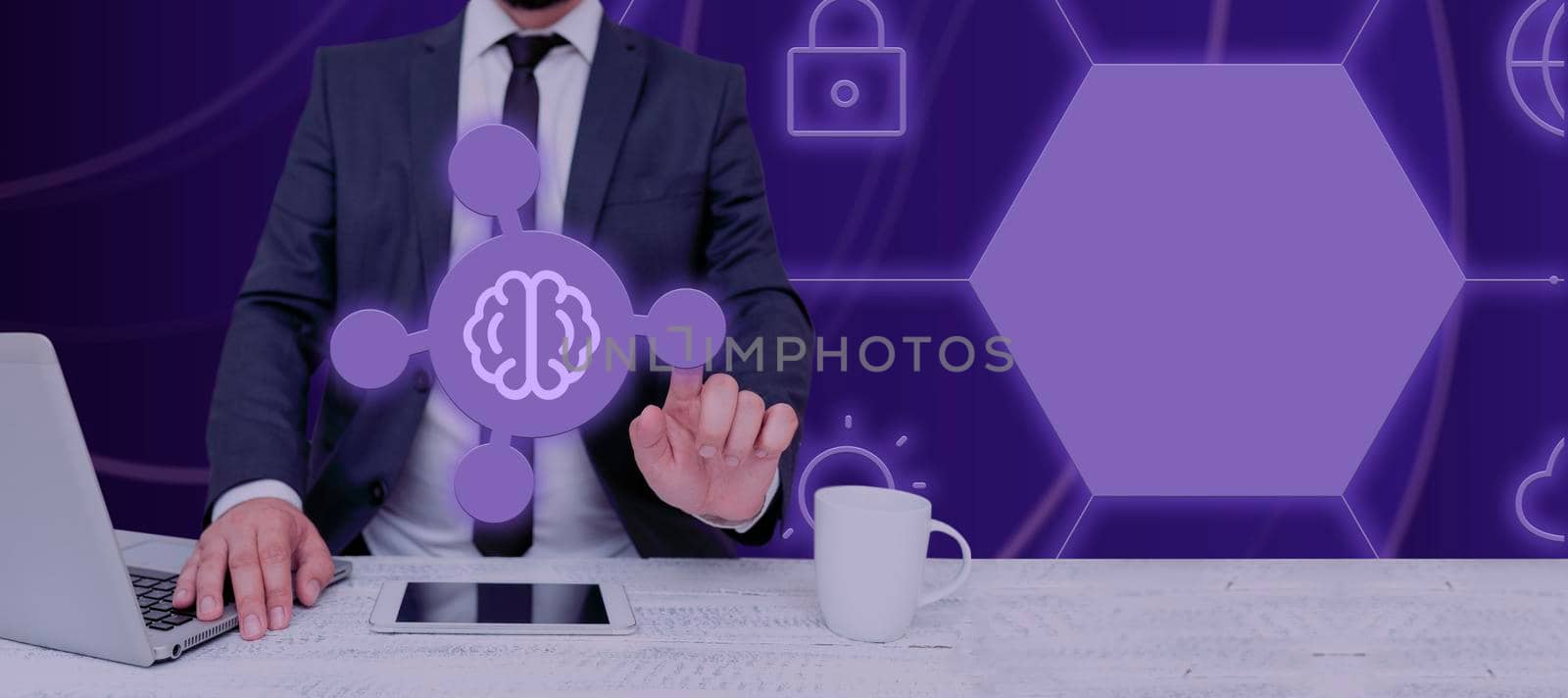 Businessman With A Laptop And A Tablet With Hand Pointing On Artificial Intelligence Symbol In Futuristic Design. Man In Meeting Presenting Important Information. by nialowwa