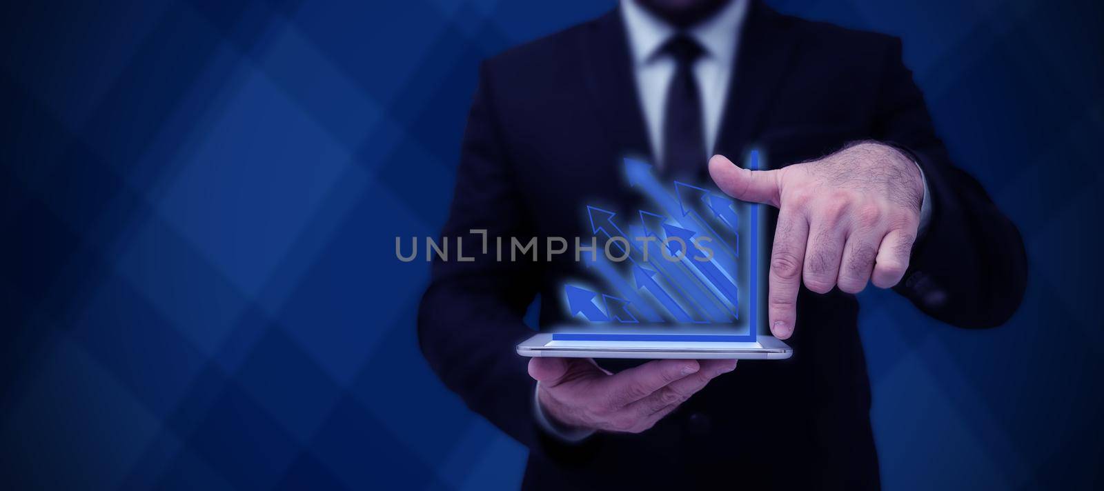 Businessman in suit holding tablet symbolizing successful teamwork accomplishing newest project plans. Man carrying electrical device representing combined effort management. by nialowwa