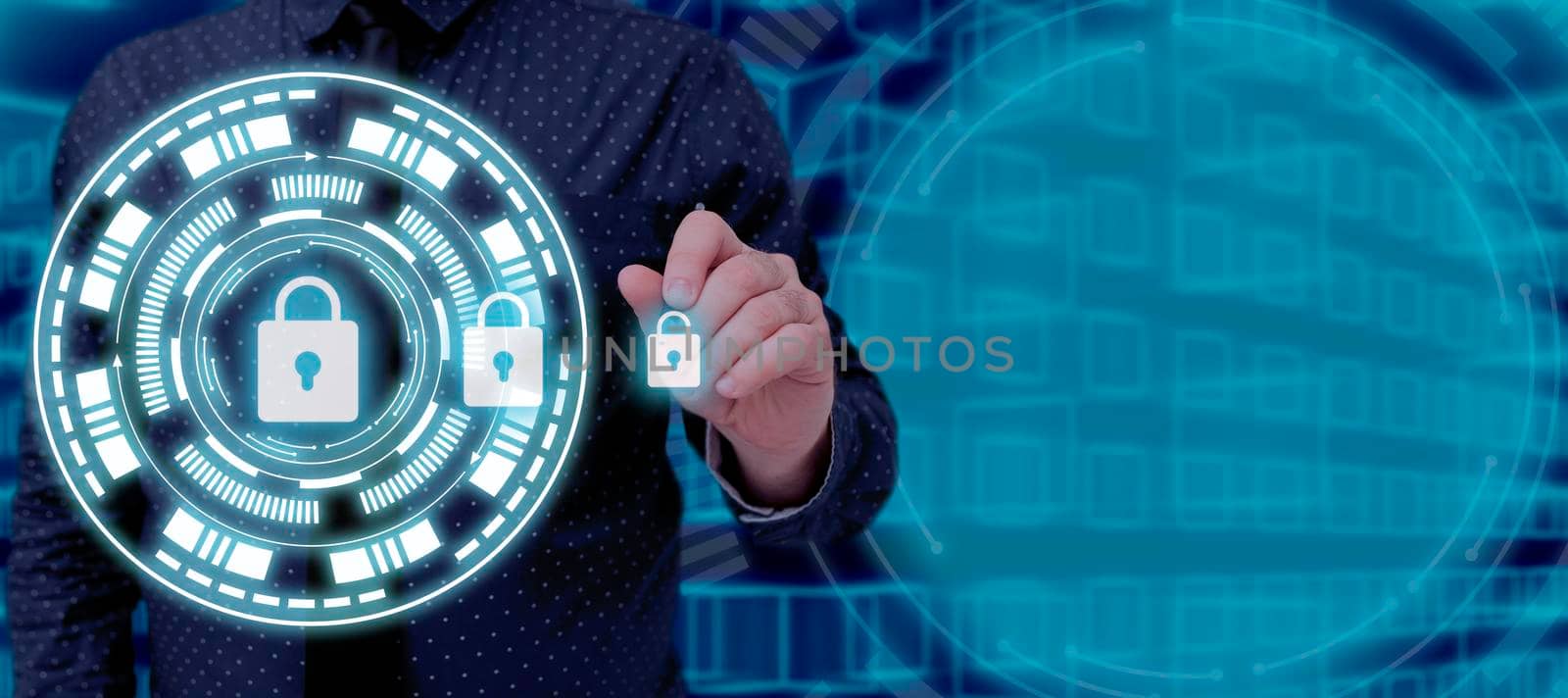 Businessman With A Pen Pointing On Security Presenting Privacy In Information In A Futuristic Frame. Man With A Pen Showing The Lock Symbol For Protecting Crucial Data. by nialowwa