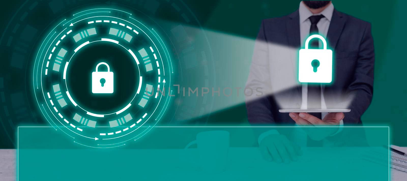 Businessman Holding A Tablet Projecting The Lock In A Glowing Futuristic Frame. Man In A Suit With A Touch Screen Showing Secured Messages And Encrypted Data. by nialowwa